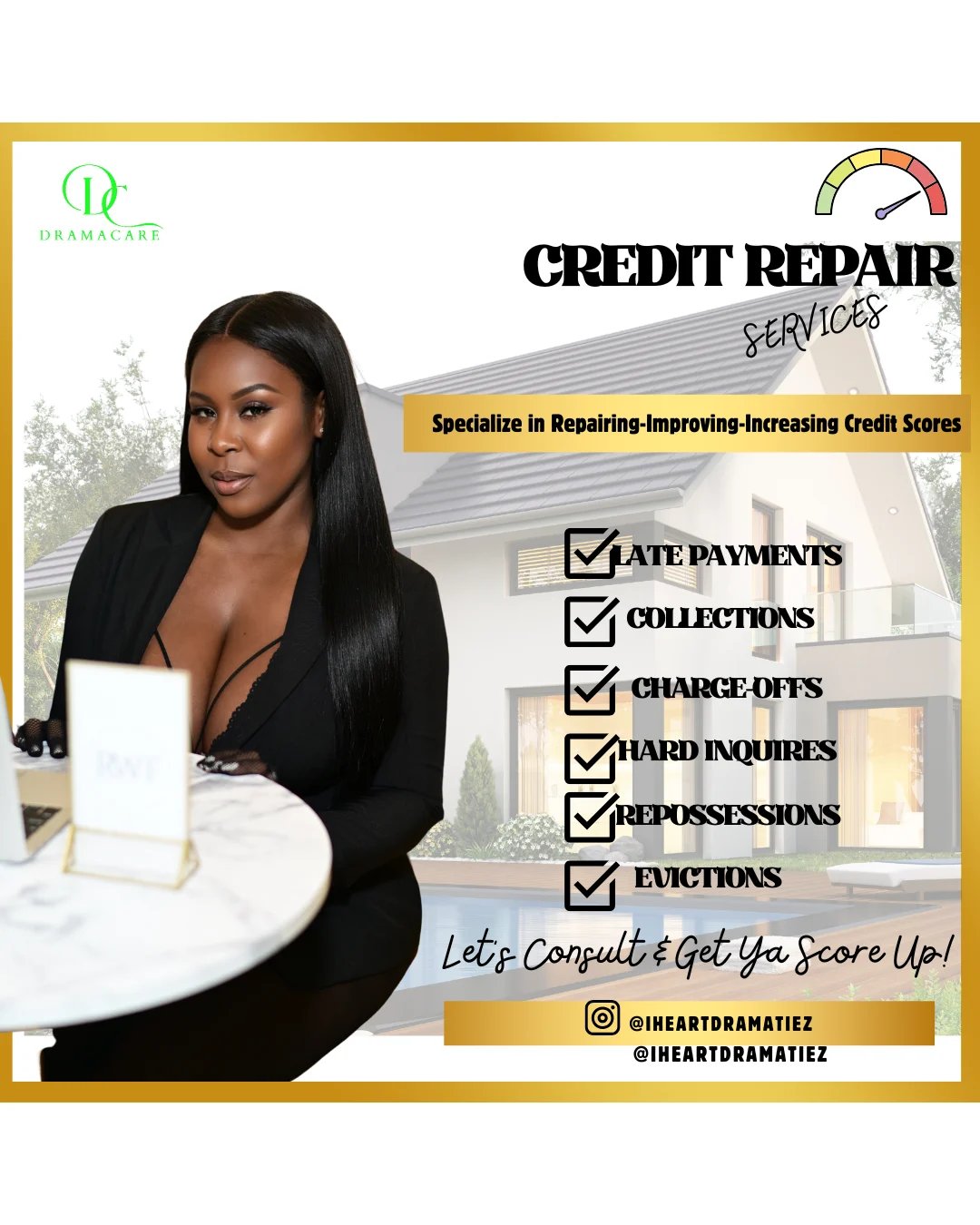 Credit repair services advertisement featuring a woman in a black blazer with a list of services: late payments, collections, charge-offs, hard inquiries, repossessions, evictions